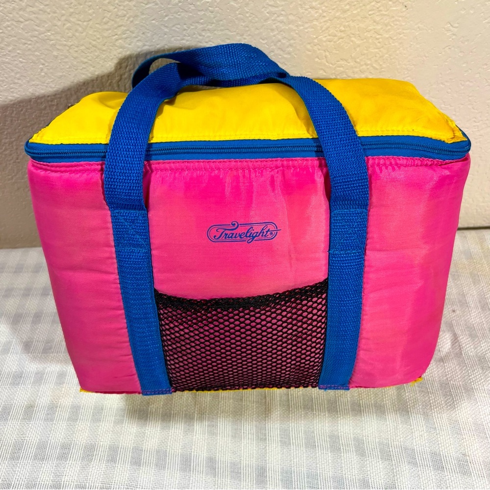 80s Vintage Travelight Cooler / Lunchbox PINK BLUE YELLOW - NOS 1980s 12”x 9”x6”